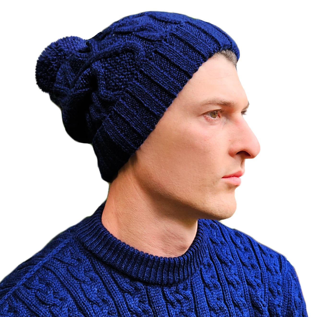 Bobble Hat for Men Navy Blue Long Slouch Men's Woolly Hat