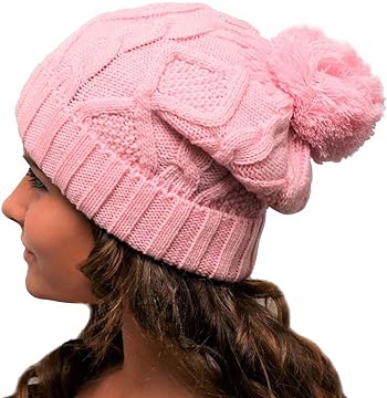 Bobble Hat Pink Cable Knit - Ladies Woolly Hat - Winter Beanie for Women