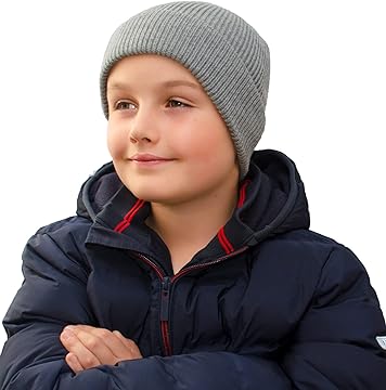 Light Grey Beanie for Boys age 5, 6, 7, 8, 9, 10, 11, 12 Winter