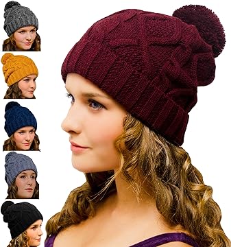 Bobble Hat Burgundy Cable Knit - Ladies Woolly Hat - Winter Beanie for Women