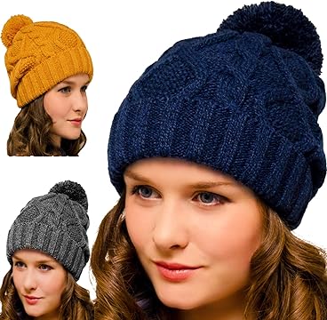 Bobble Hat Navy Cable Knit - Ladies Woolly Hat - Winter Beanie for Women