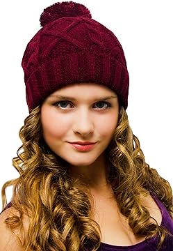 Bobble Hat Burgundy Cable Knit - Ladies Woolly Hat - Winter Beanie for Women