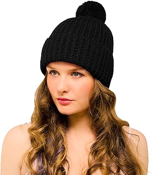 Chunky Bobble Hat Black - Woolly Beanie with Pom Pom for Women