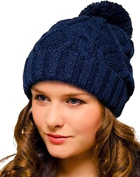 Bobble Hat Navy Cable Knit - Ladies Woolly Hat - Winter Beanie for Women
