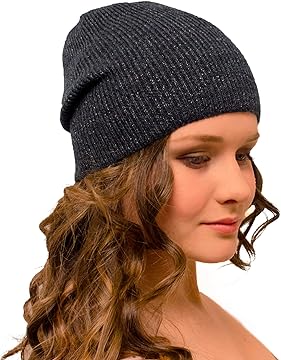 2-in-1 Long Slouchy Beanie Sparkly Grey with soft Silver metallic shine