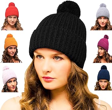 Chunky Bobble Hat Black - Woolly Beanie with Pom Pom for Women