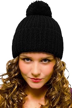 Chunky Bobble Hat Black - Woolly Beanie with Pom Pom for Women