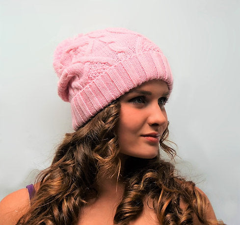 Bobble Hat Pink Cable Knit - Ladies Woolly Hat - Winter Beanie for Women