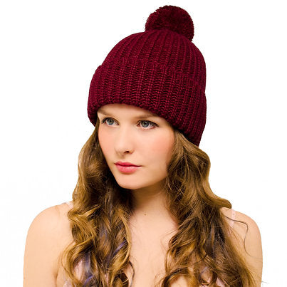 Chunky Bobble Hat Burgundy - Woolly Beanie with Pom pom for Women Men