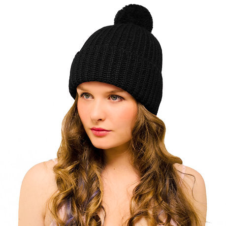 Chunky Bobble Hat Black - Woolly Beanie with Pom Pom for Women