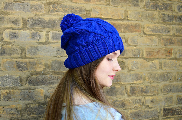 Bobble Hat Blue Cable Knit - Ladies Woolly Hat - Winter Beanie for Women