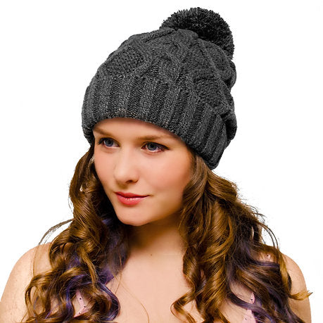 Bobble Hat Grey Cable Knit - Ladies Woolly Hat - Winter Beanie for Women