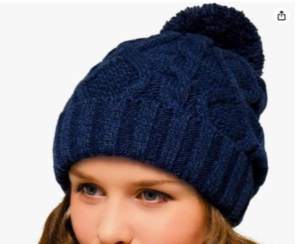 Bobble Hat Navy Cable Knit - Ladies Woolly Hat - Winter Beanie for Women
