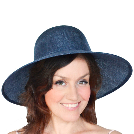 Navy Blue Ascot Hat with Wide Brim - Large Wedding Hats - Ladies Racing Hats - Plain Church Hats for Women