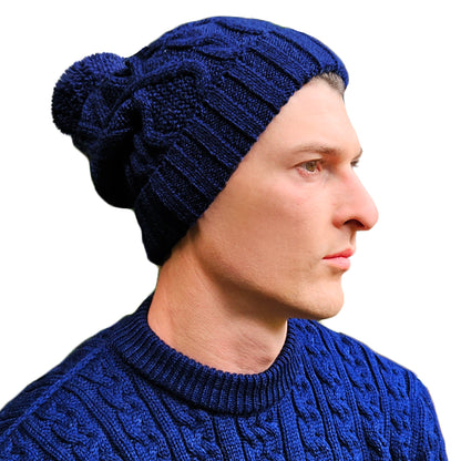 Bobble Hat for Men Navy Blue Long Slouch Men's Woolly Hat