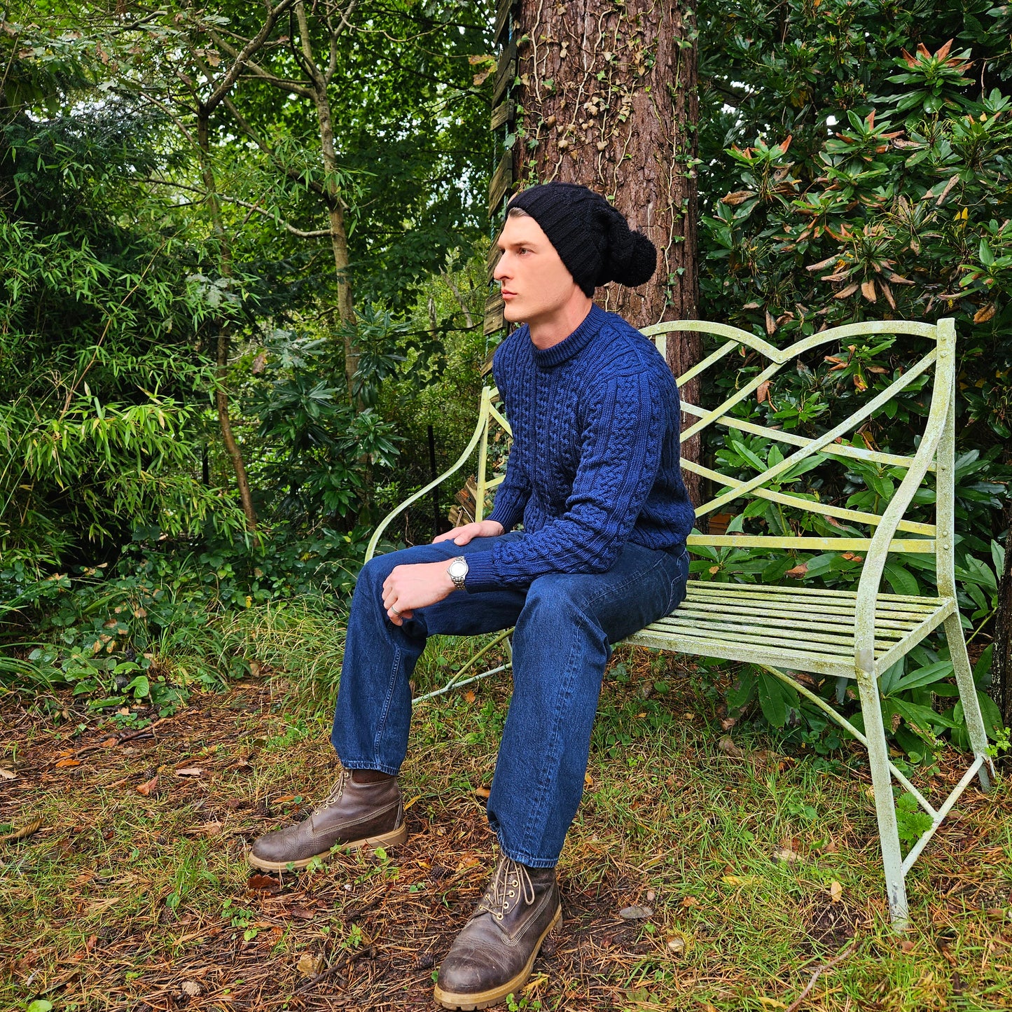 Bobble Hat for Men Black - Men's Woolly Hat - Long Slouch Winter Beanie for Men