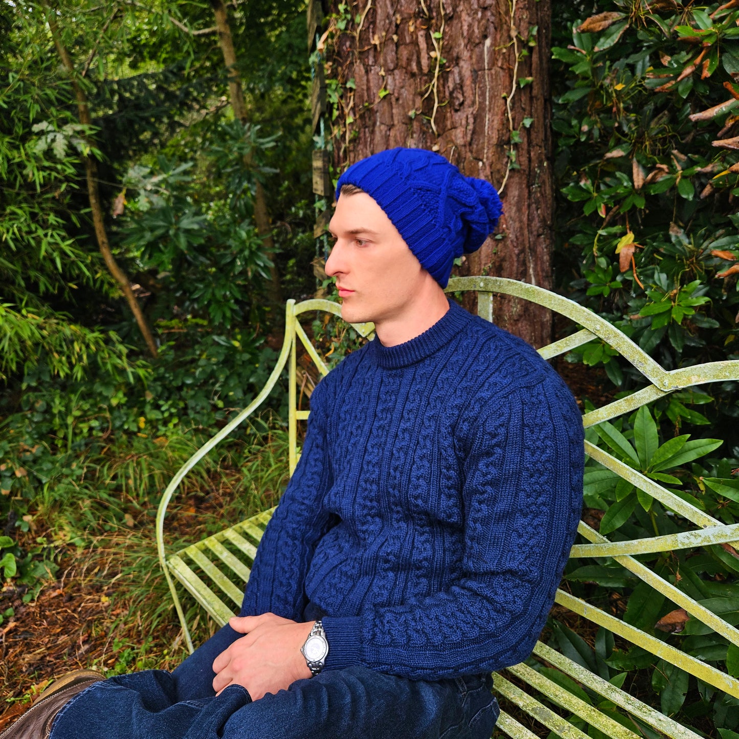 Bobble Hat for Men Blue - Men's Woolly Hat Royal Blue - Winter Beanie for Men - Long Slouch
