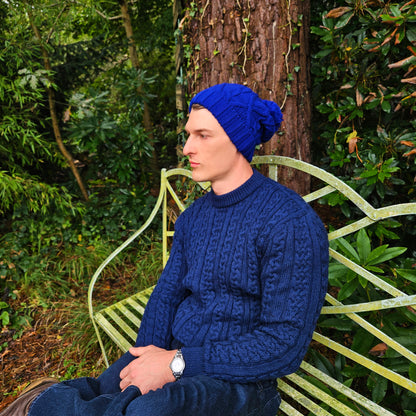 Bobble Hat for Men Blue - Men's Woolly Hat Royal Blue - Winter Beanie for Men - Long Slouch