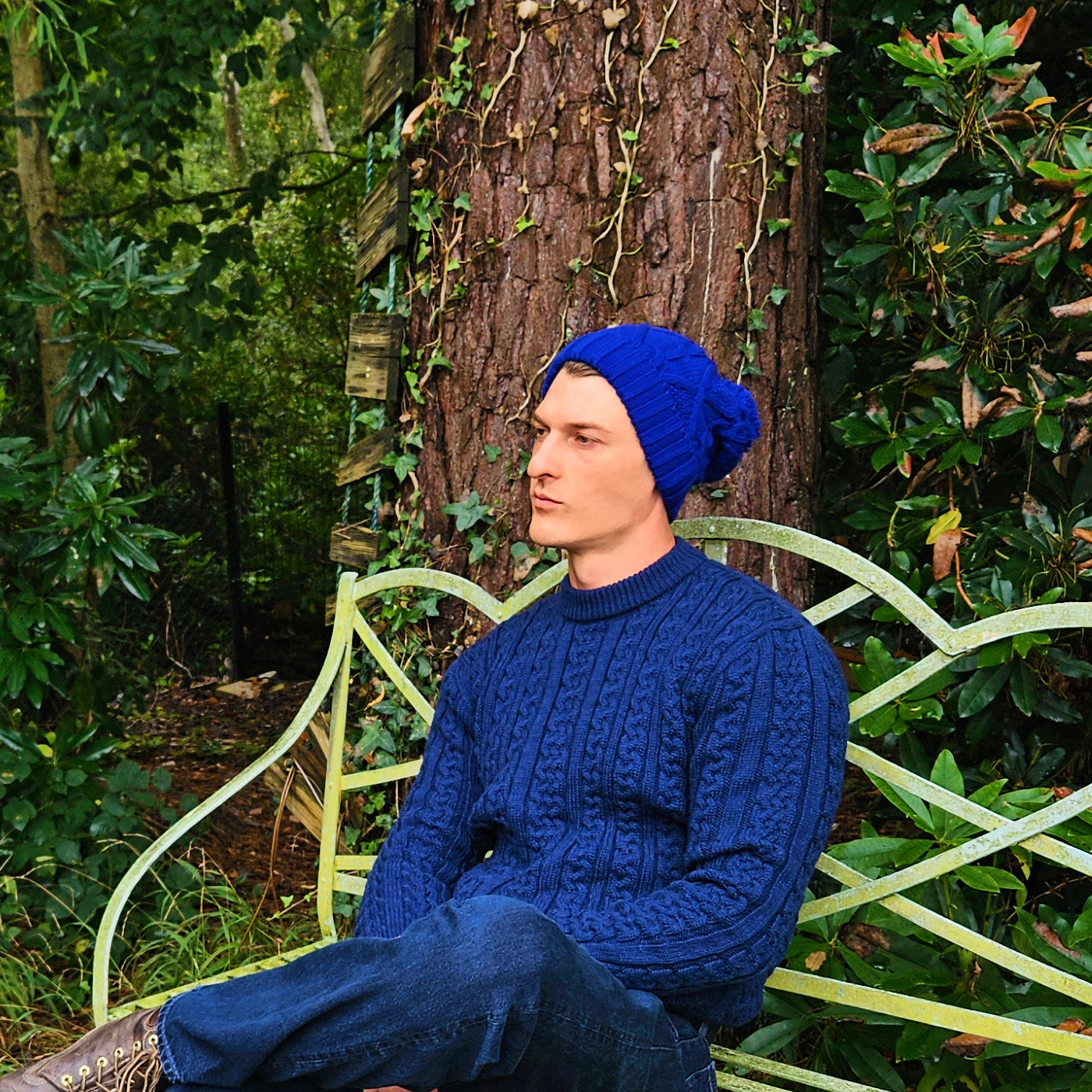 Bobble Hat for Men Blue - Men's Woolly Hat Royal Blue - Winter Beanie for Men - Long Slouch