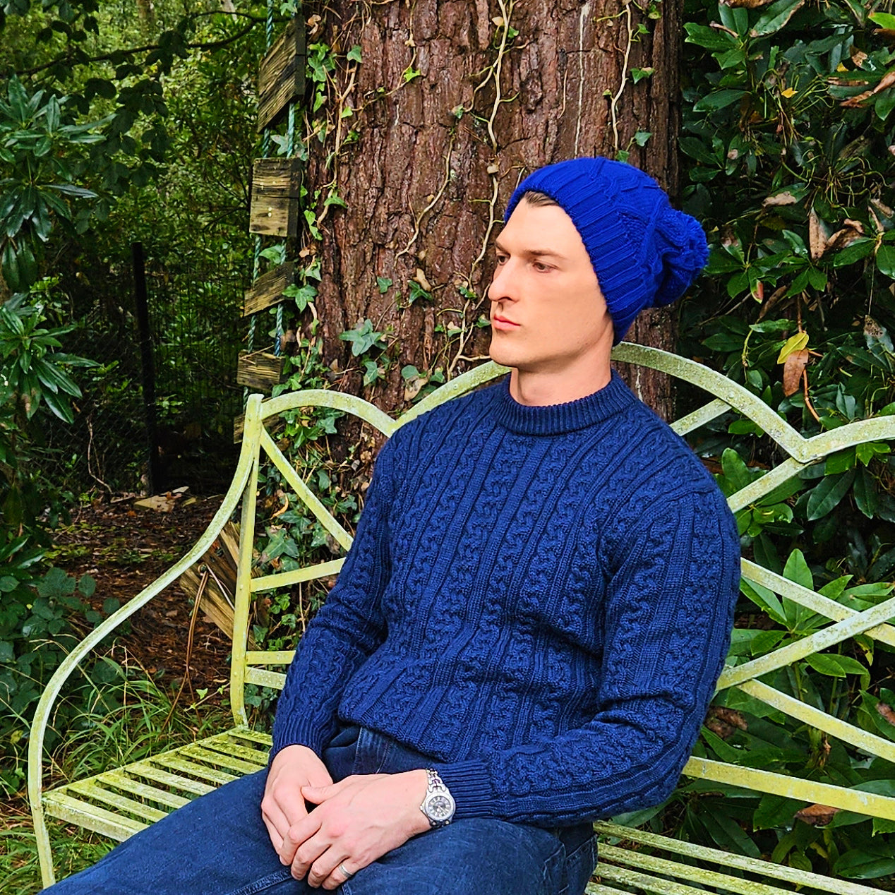 Bobble Hat for Men Blue - Men's Woolly Hat Royal Blue - Winter Beanie for Men - Long Slouch