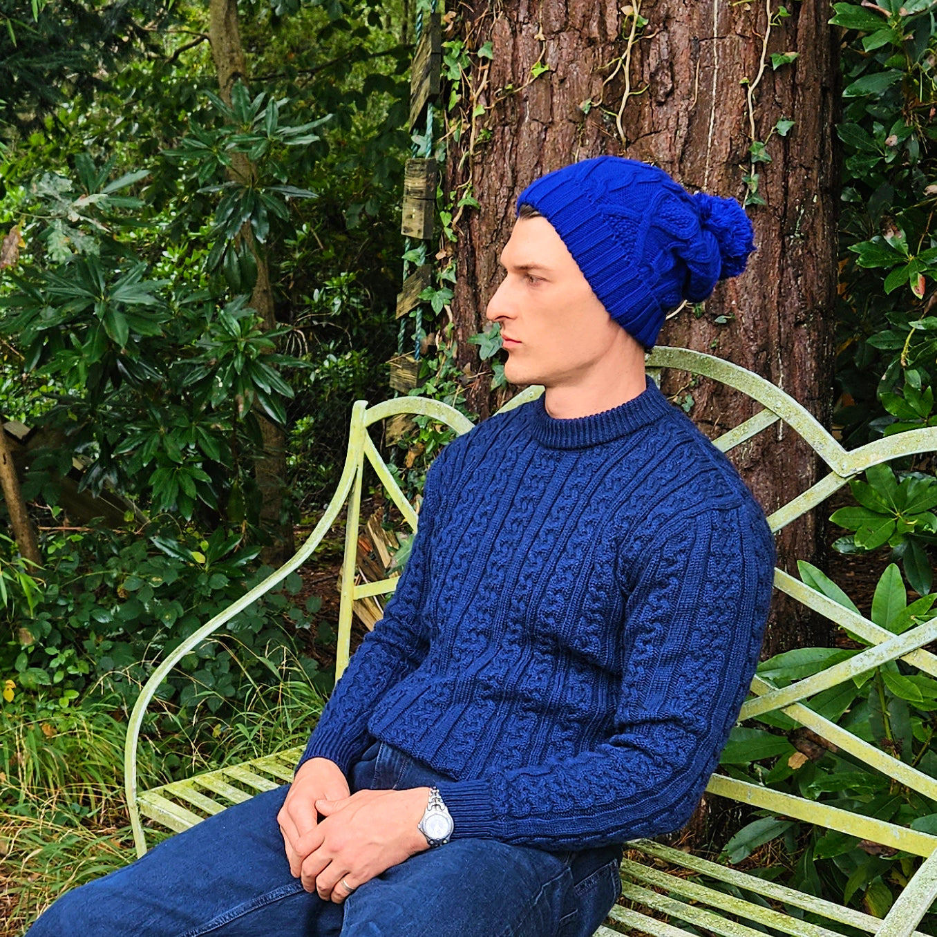Bobble Hat for Men Blue - Men's Woolly Hat Royal Blue - Winter Beanie for Men - Long Slouch