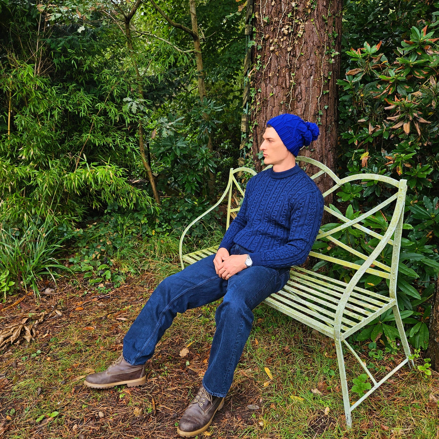 Bobble Hat for Men Blue - Men's Woolly Hat Royal Blue - Winter Beanie for Men - Long Slouch