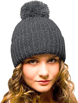 Bobble Hat Grey - Woolly Hat for Women - Chunky Beanie with Pom Pom