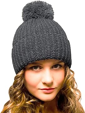 Bobble Hat Grey - Woolly Hat for Women - Chunky Beanie with Pom Pom