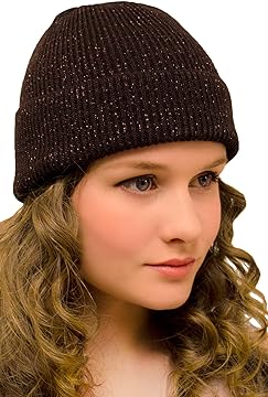 2-in-1 Long Slouchy Beanie Sparkly Chocolate Brown with soft gold metallic shine
