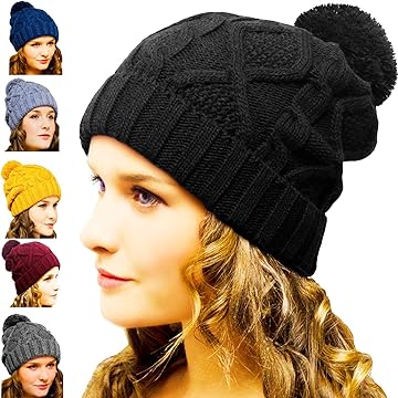 Bobble Hat Black Cable Knit - Ladies Woolly Hat - Winter Beanie for Women