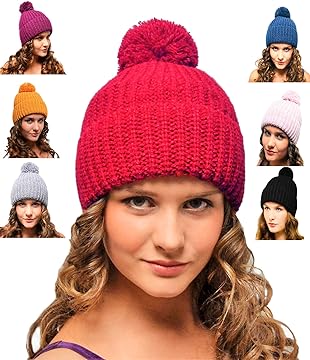 Chunky Bobble Hat Red -  Ladies Woolly Beanie with Pom Pom for Women