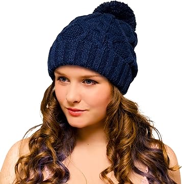 Bobble Hat Navy Cable Knit - Ladies Woolly Hat - Winter Beanie for Women