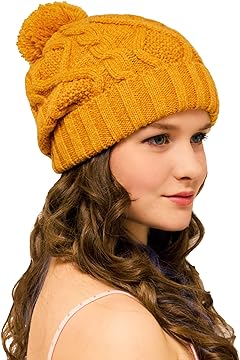 Bobble Hat Mustard Cable Knit - Ladies Woolly Hat - Winter Beanie for Women
