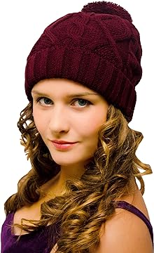 Bobble Hat Burgundy Cable Knit - Ladies Woolly Hat - Winter Beanie for Women