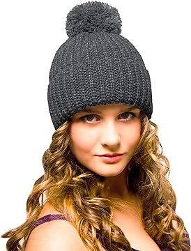 Bobble Hat Grey - Woolly Hat for Women - Chunky Beanie with Pom Pom