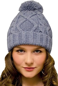 Bobble Hat Denim Cable Knit - Ladies Woolly Hat - Winter Beanie for Women