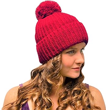 Chunky Bobble Hat Red -  Ladies Woolly Beanie with Pom Pom for Women