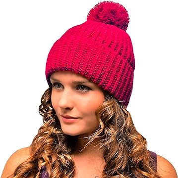 Chunky Bobble Hat Red -  Ladies Woolly Beanie with Pom Pom for Women