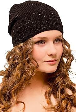 2-in-1 Long Slouchy Beanie Sparkly Chocolate Brown with soft gold metallic shine