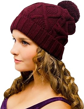 Bobble Hat Burgundy Cable Knit - Ladies Woolly Hat - Winter Beanie for Women