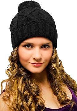 Bobble Hat Black Cable Knit - Ladies Woolly Hat - Winter Beanie for Women