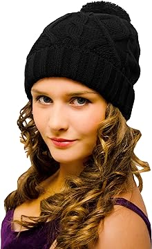 Bobble Hat Black Cable Knit - Ladies Woolly Hat - Winter Beanie for Women