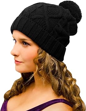 Bobble Hat Black Cable Knit - Ladies Woolly Hat - Winter Beanie for Women