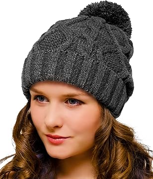 Bobble Hat Grey Cable Knit - Ladies Woolly Hat - Winter Beanie for Women