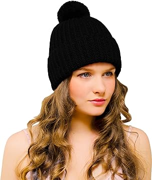 Chunky Bobble Hat Black - Woolly Beanie with Pom Pom for Women