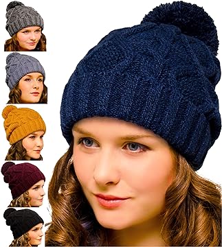 Bobble Hat Navy Cable Knit - Ladies Woolly Hat - Winter Beanie for Women