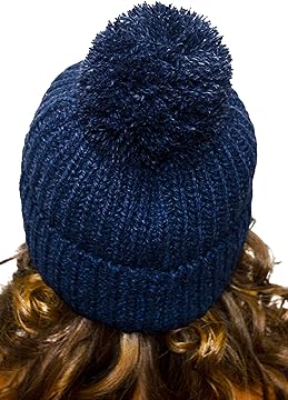 Chunky Bobble Hat Navy - Woolly Beanie with Pom pom for Women Men