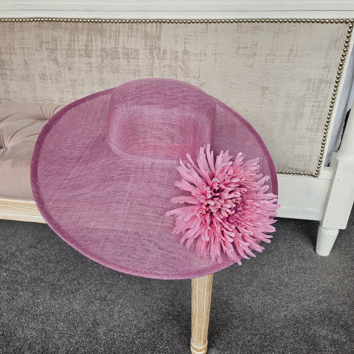 millinery hat, designer hat, elegant hat, pink hat with flowers, large derby hat