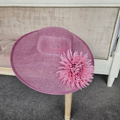 millinery hat, designer hat, elegant hat, pink hat with flowers, large derby hat