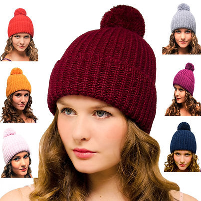 Chunky Bobble Hat Burgundy - Woolly Beanie with Pom pom for Women Men